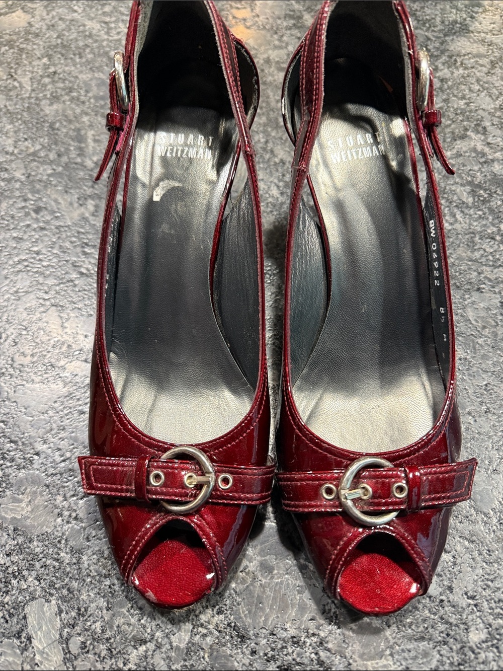 Stuart Weitzman Burgundy Patent Peep-Toe Slingback Heels with Buckle